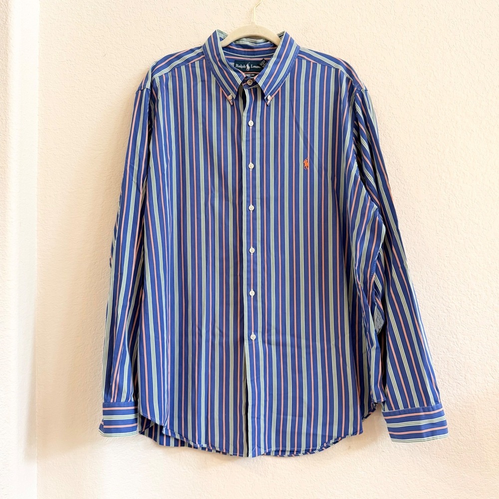 Ralph Lauren Classic Fit Mens XXL Blue Orange Green Striped Button Down Shirt